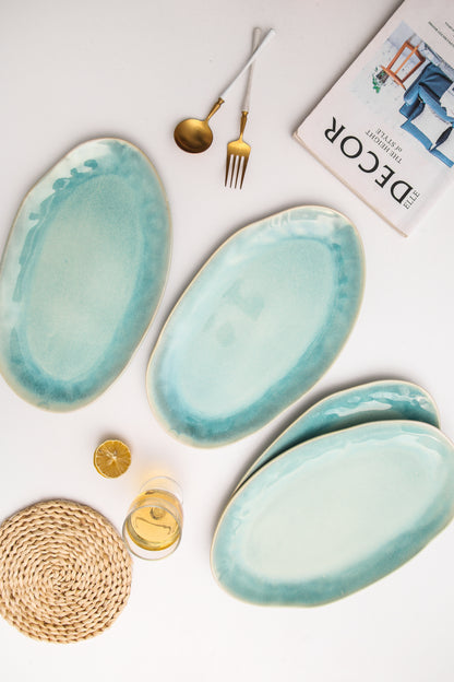 3-Piece Stoneware Serving Platter Set in Aqua Blue