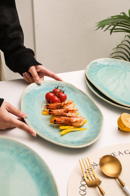 3-Piece Stoneware Serving Platter Set in Aqua Blue